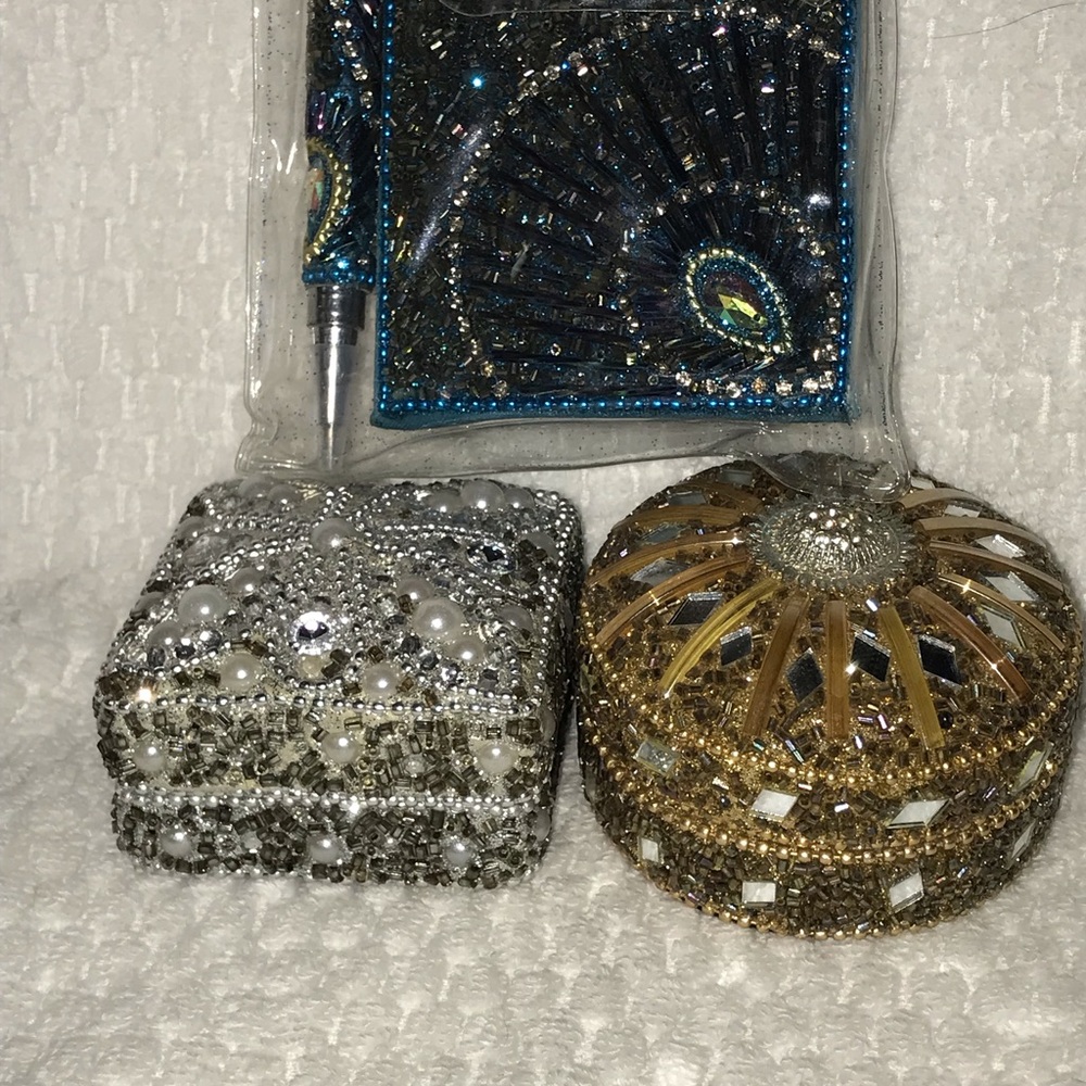 Two decorative boxes and beaded mini note pad